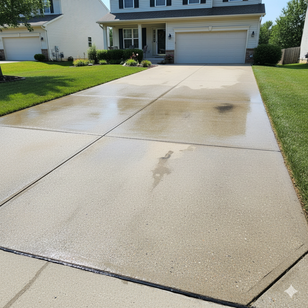 Concrete driveway pressure washing before and after transformation removing oil stains and dirt in Rhode Island