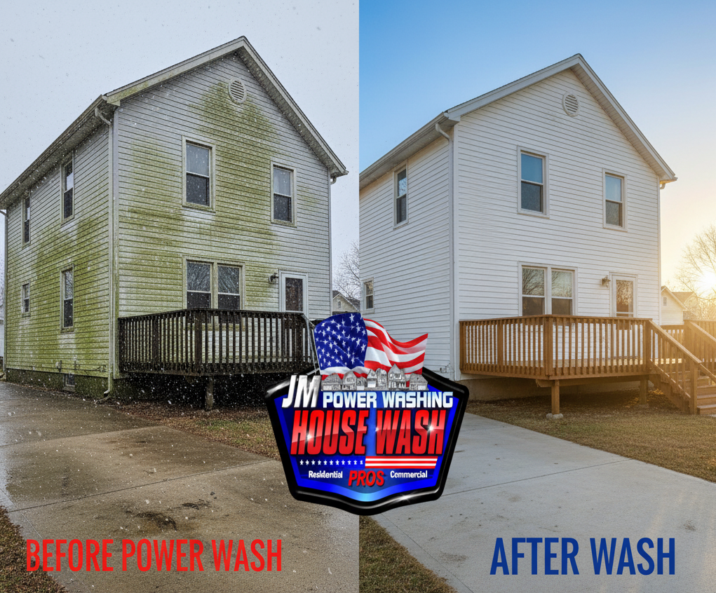 Dramatic before and after power washing transformation showing house exterior cleaning results in Rhode Island