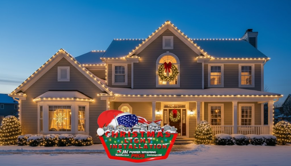 Professional Christmas lights installation with J&M logo on residential home in Rhode Island with festive holiday display